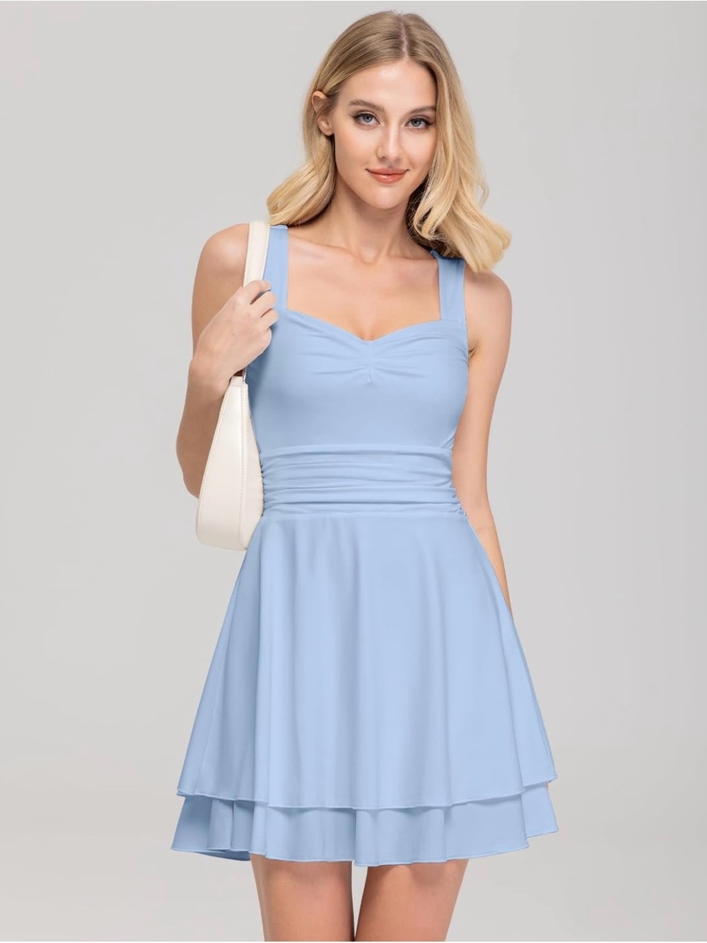 Light Blue Square-Neck Mini Dress with Layered Skirt